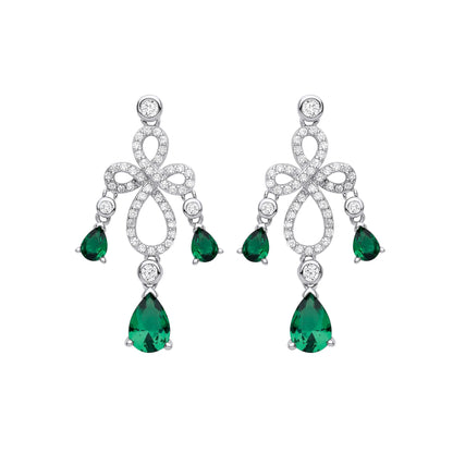 Silver  Green Pear CZ Infinity Loop Cross Chandelier Drop Earrings - EAG1016