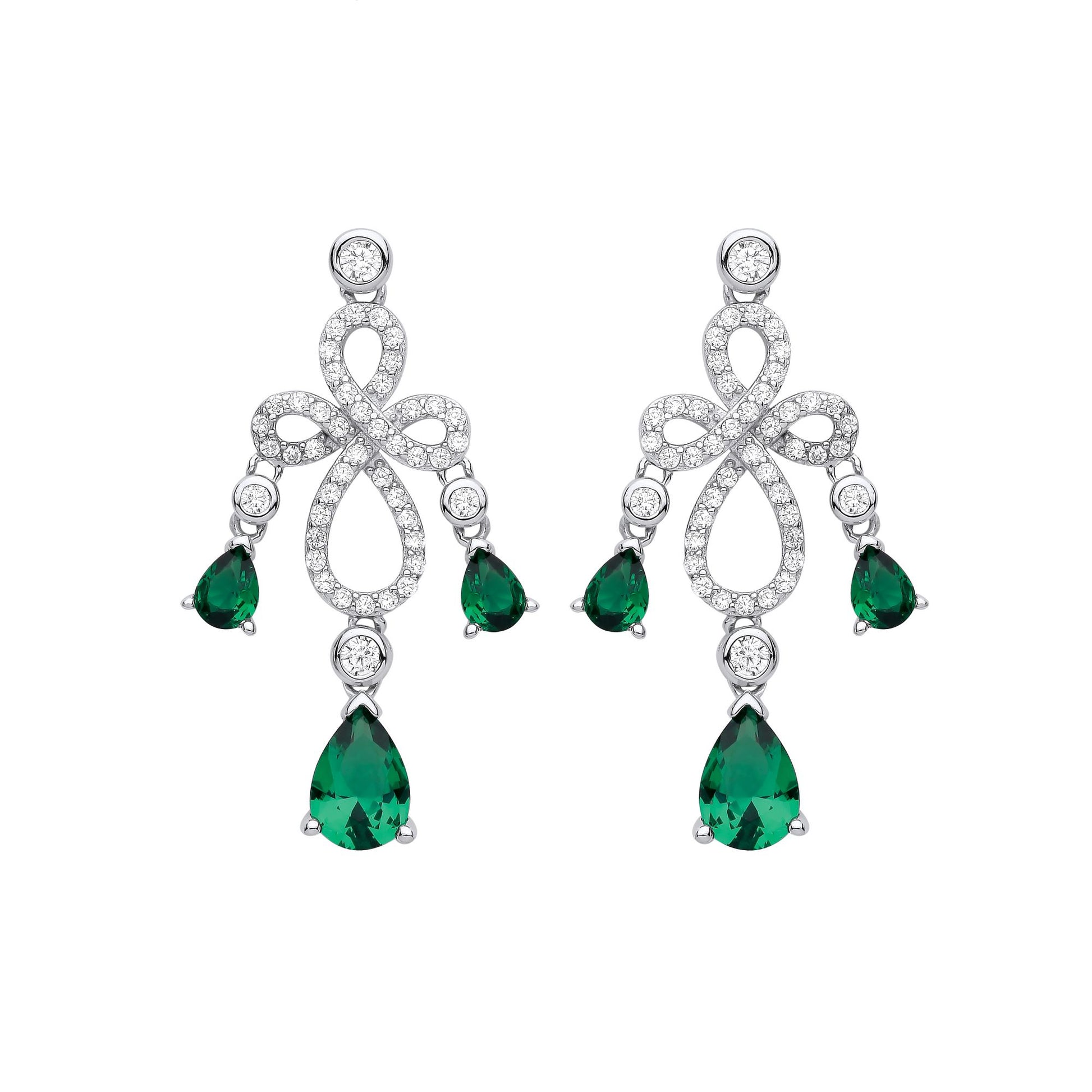 Silver  Green Pear CZ Infinity Loop Cross Chandelier Drop Earrings - EAG1016