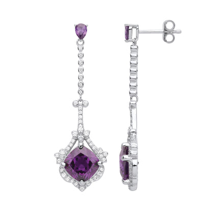 Silver  Purple Cushion Pear CZ Flaming Comet Drop Earrings - EAG1018