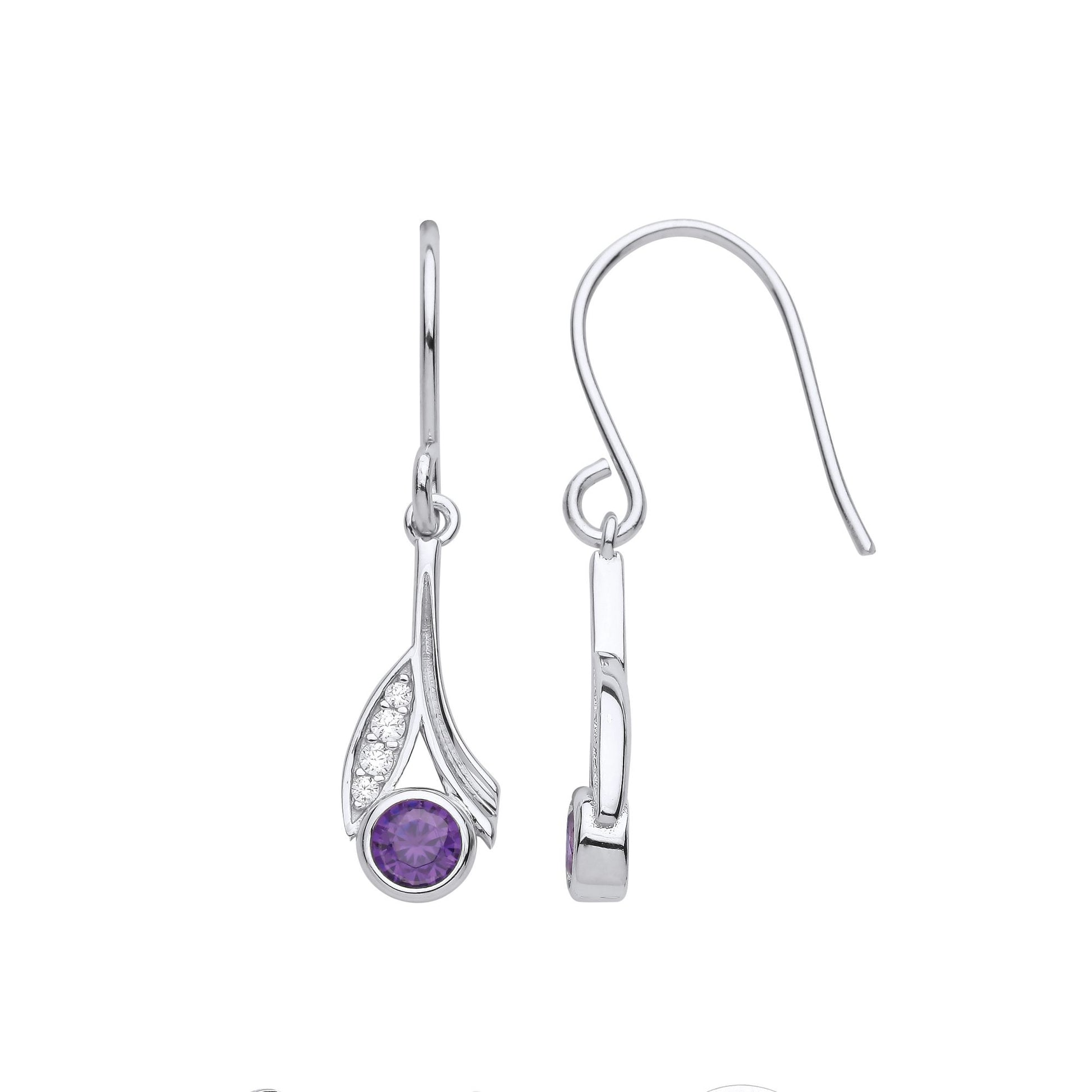 925 Silver  Purple CZ Flower Stem Leaf Solitaire Drop Earrings - EAG1020