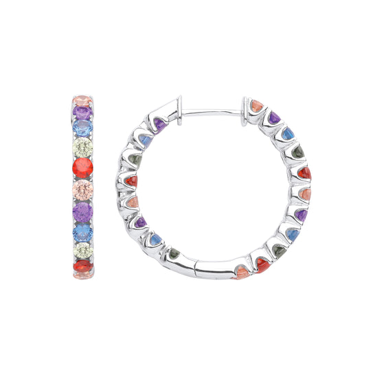 Silver  Blue Red Green CZ Circle of Life Rainbow Hoop Earrings - EAG1024