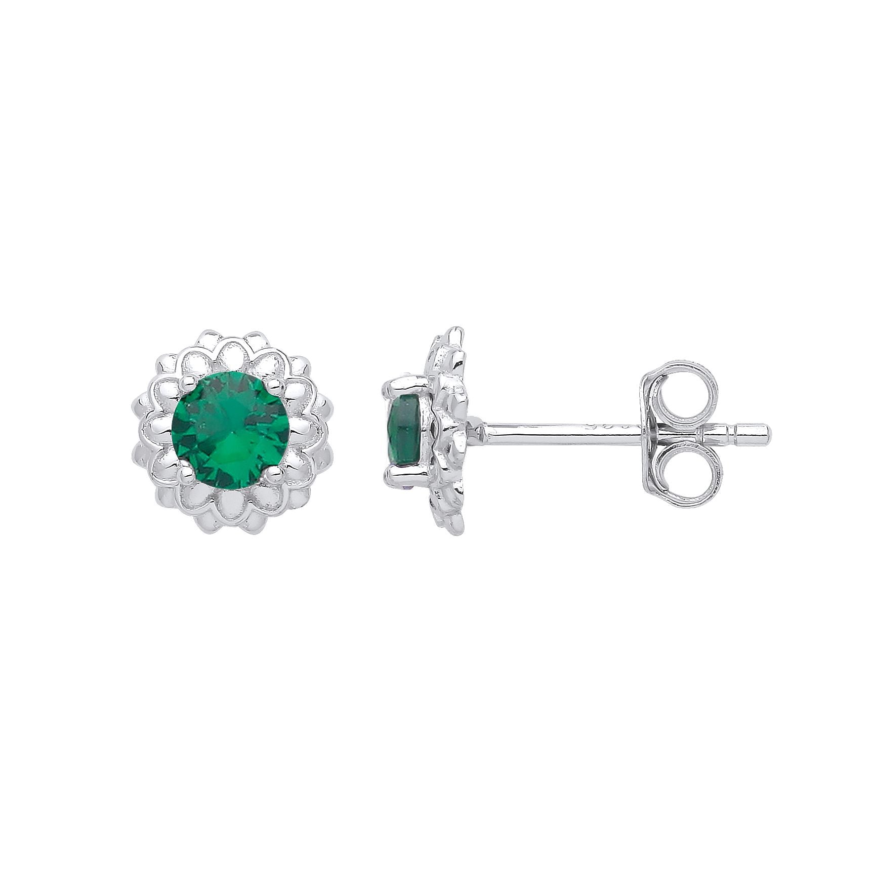 925 Silver  Green CZ Dalia Flower Petals Solitaire Stud Earrings - EAG1027EM