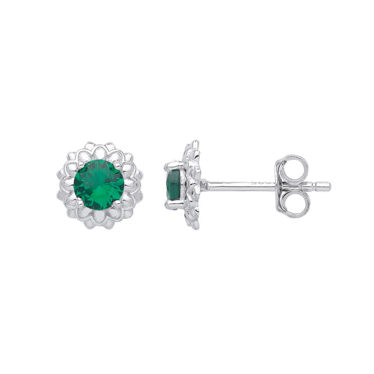 925 Silver  Green CZ Dalia Flower Petals Solitaire Stud Earrings - EAG1027EM