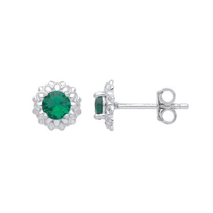 925 Silver  Green CZ Dalia Flower Petals Solitaire Stud Earrings - EAG1027EM