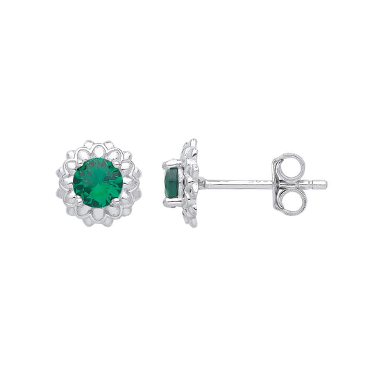925 Silver  Green CZ Dalia Flower Petals Solitaire Stud Earrings - EAG1027EM