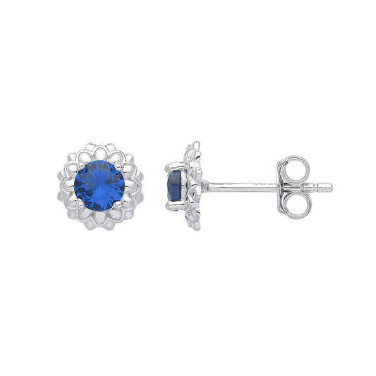 925 Silver  Blue CZ Dalia Flower Petals Solitaire Stud Earrings - EAG1027