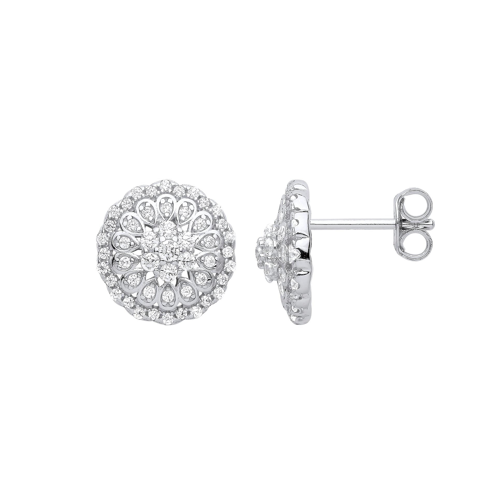Silver  14 Petal Flower Tiered Cluster Stud Earrings - EAG1031