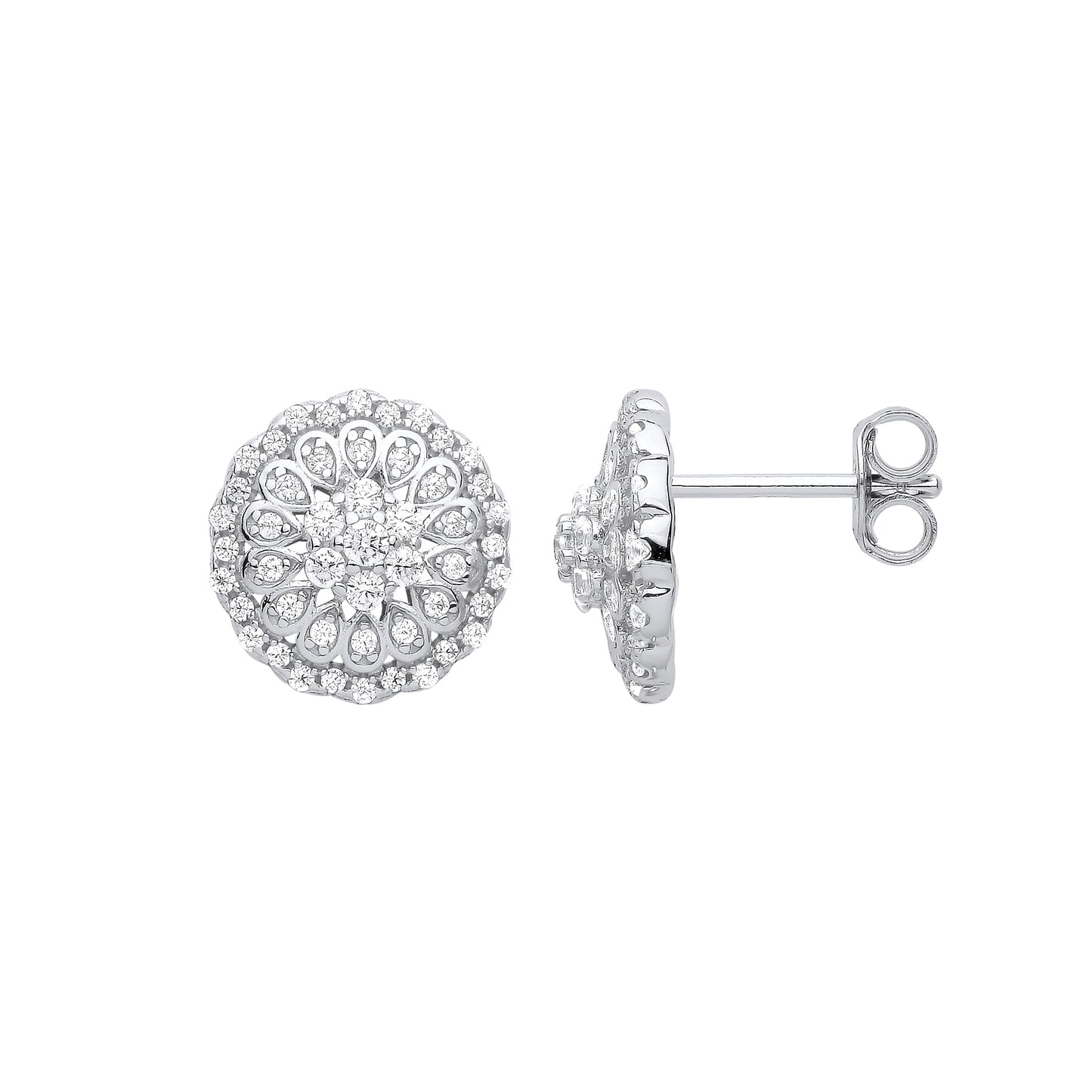 Sterling Silver  CZ 14 Petal Flower Tiered Cluster Stud Earrings - EAG1031