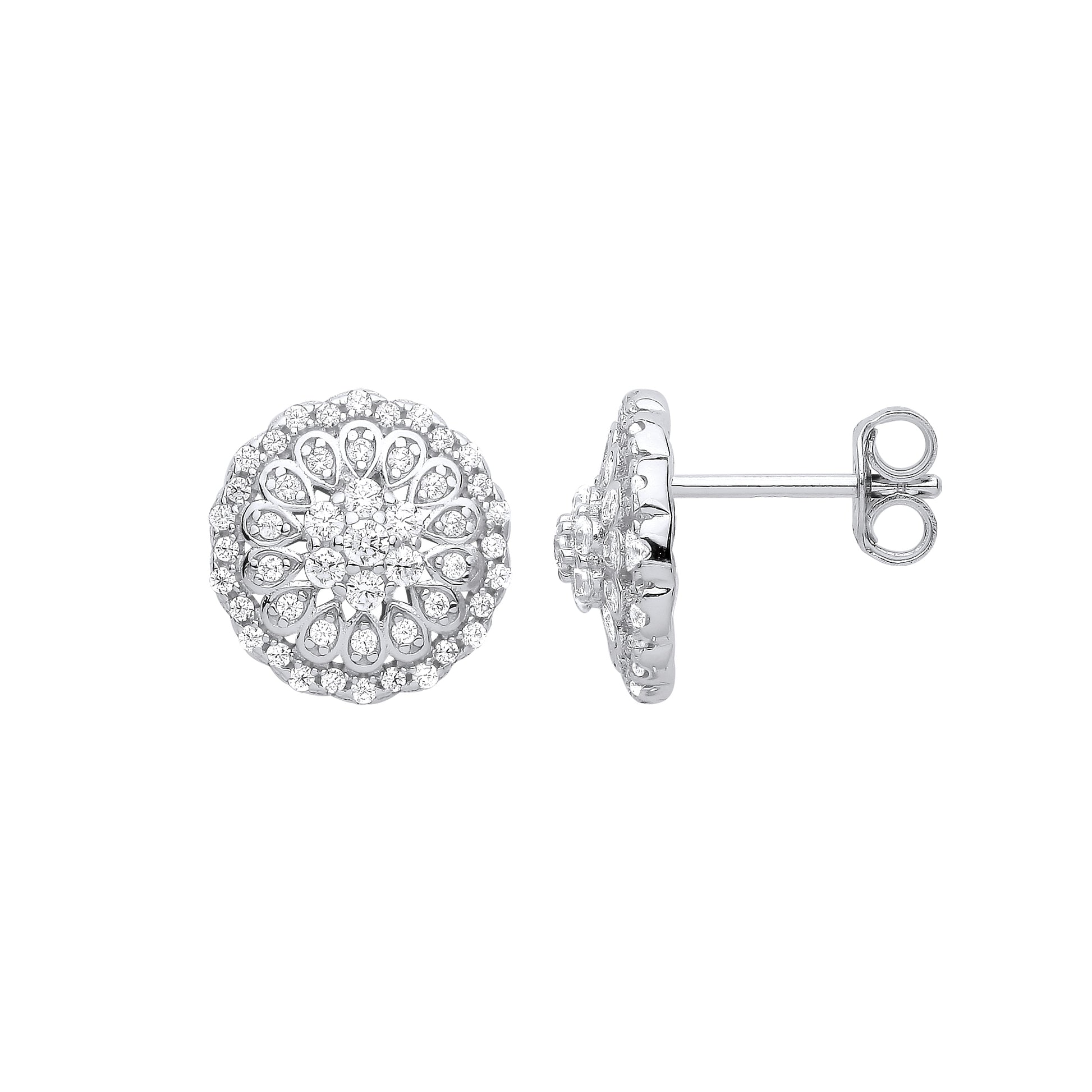 Sterling Silver  CZ 14 Petal Flower Tiered Cluster Stud Earrings - EAG1031