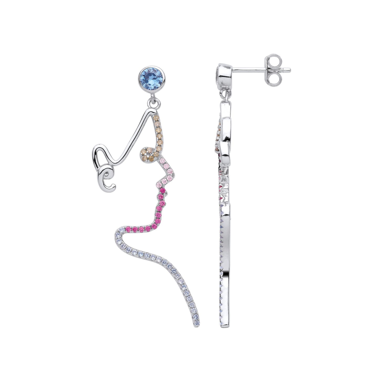 925 Silver  Blue Rainbow CZ Rainbow Selfie Profile Drop Earrings - EAG1034