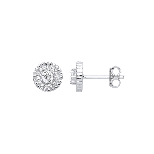 Silver  Bead Edge Halo Solitaire Cluster Stud Earrings - EAG1035