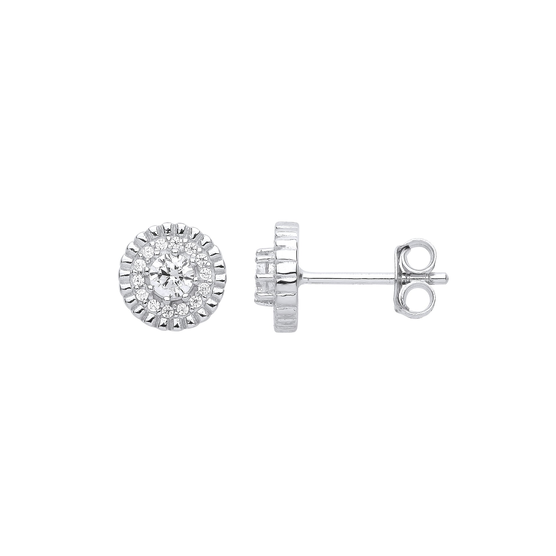 Sterling Silver  CZ Bead Edge Halo Solitaire Cluster Stud Earrings - EAG1035