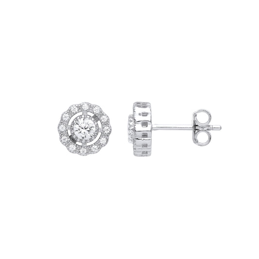 Silver  Scallop Edge Halo Solitaire Stud Earrings - EAG1037