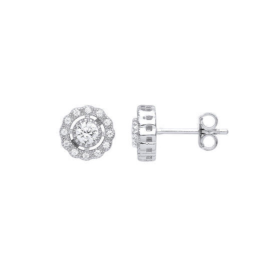 925 Sterling Silver  CZ Scallop Edge Halo Solitaire Stud Earrings - EAG1037