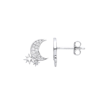 925 Sterling Silver  CZ Crescent Moon Sparkly Stars Stud Earrings - EAG1039