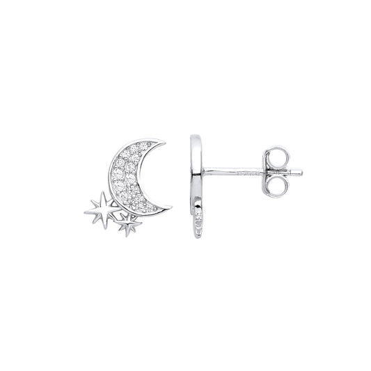 Silver  Crescent Moon Sparkly Stars Stud Earrings - EAG1039
