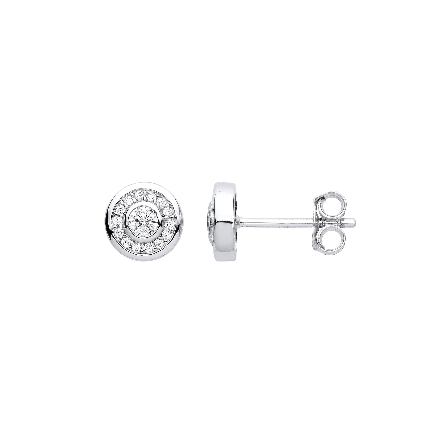 Silver  Halo Double Bezel Solitaire Stud Earrings - EAG1041