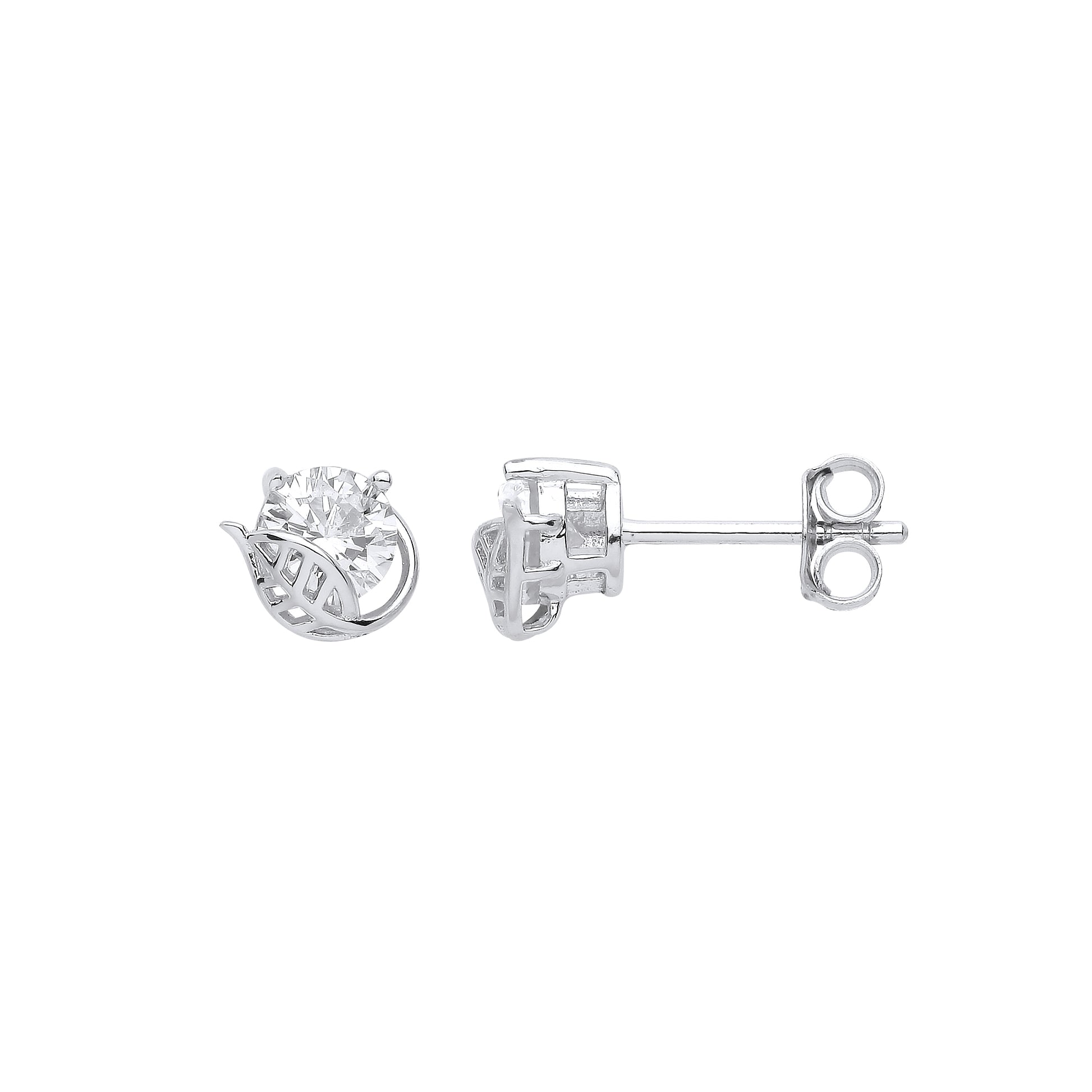 Silver  Leaf Cradled Solitaire Stud Earrings - EAG1045