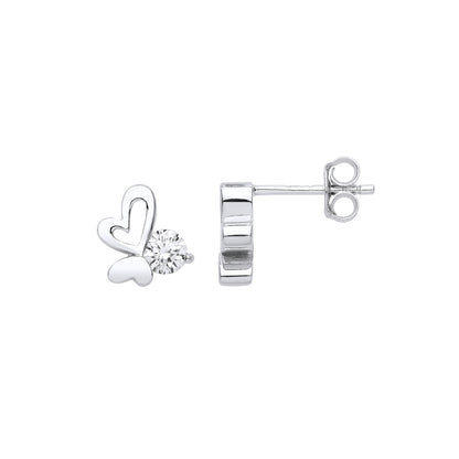 Silver  Love Hearts Butterfly Solitaire Stud Earrings - EAG1046