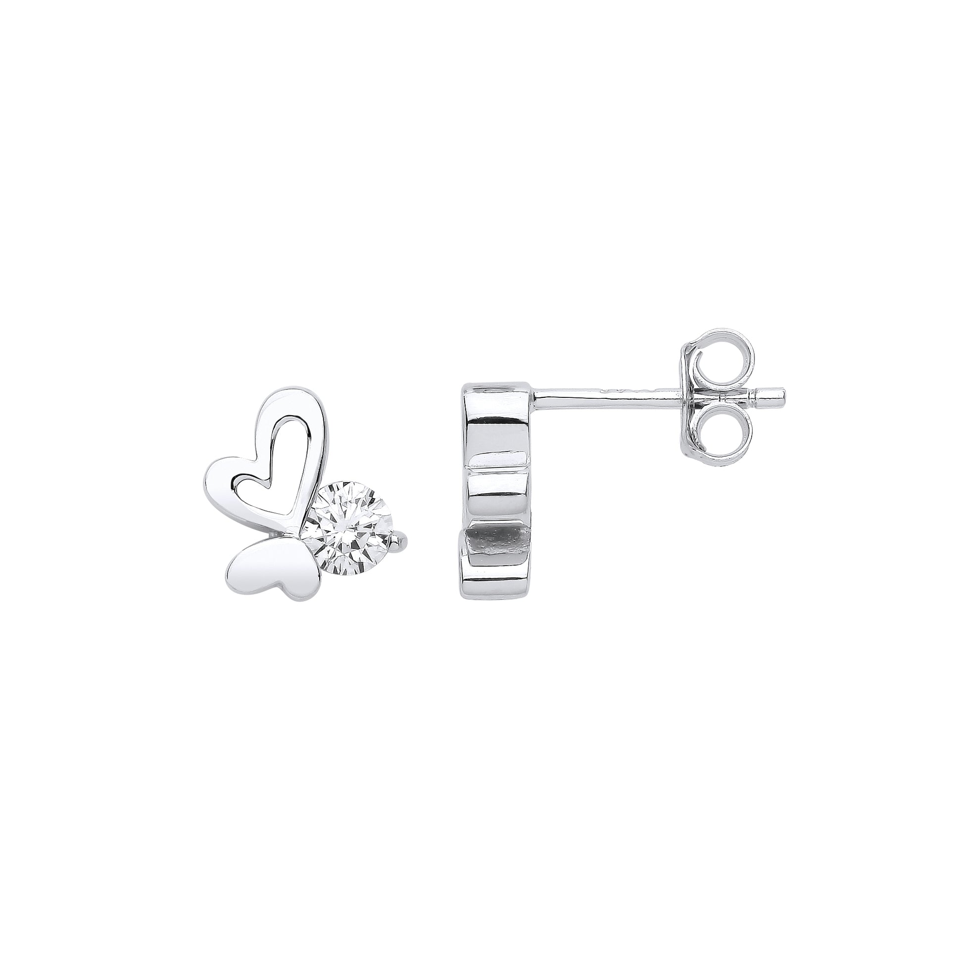 Sterling Silver  CZ Love Hearts Butterfly Solitaire Stud Earrings - EAG1046