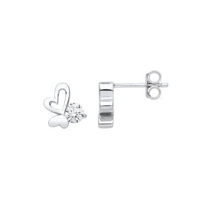 Sterling Silver  CZ Love Hearts Butterfly Solitaire Stud Earrings - EAG1046