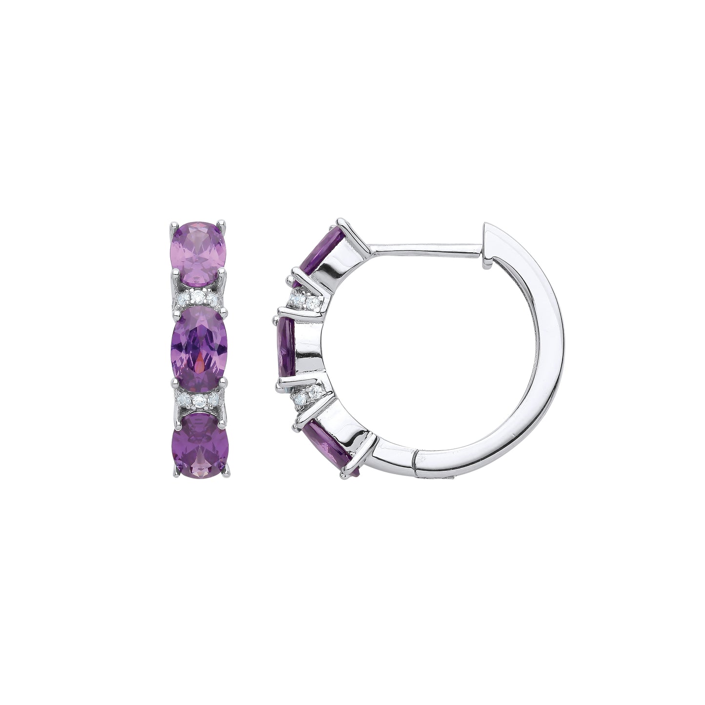 Silver  Purple Oval CZ Arched Trilogy Hinged Huggie Hoop Earrings - EAG1057