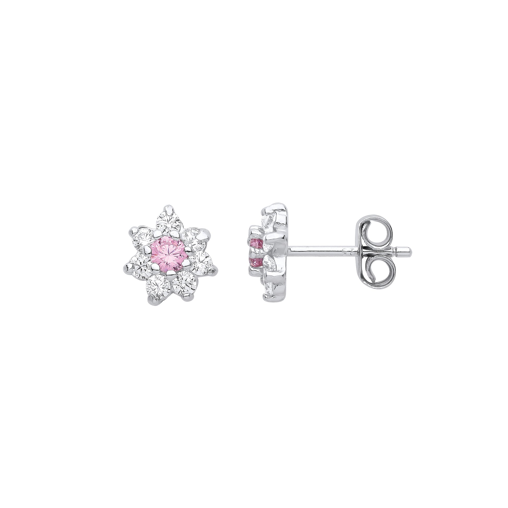 Sterling Silver  Pink CZ 8 Stone Snowflake Cluster Stud Earrings - EAG1058