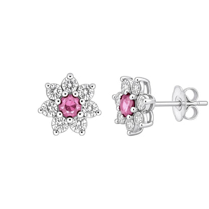 Sterling Silver  Pink CZ 8 Stone Snowflake Cluster Stud Earrings - EAG1058
