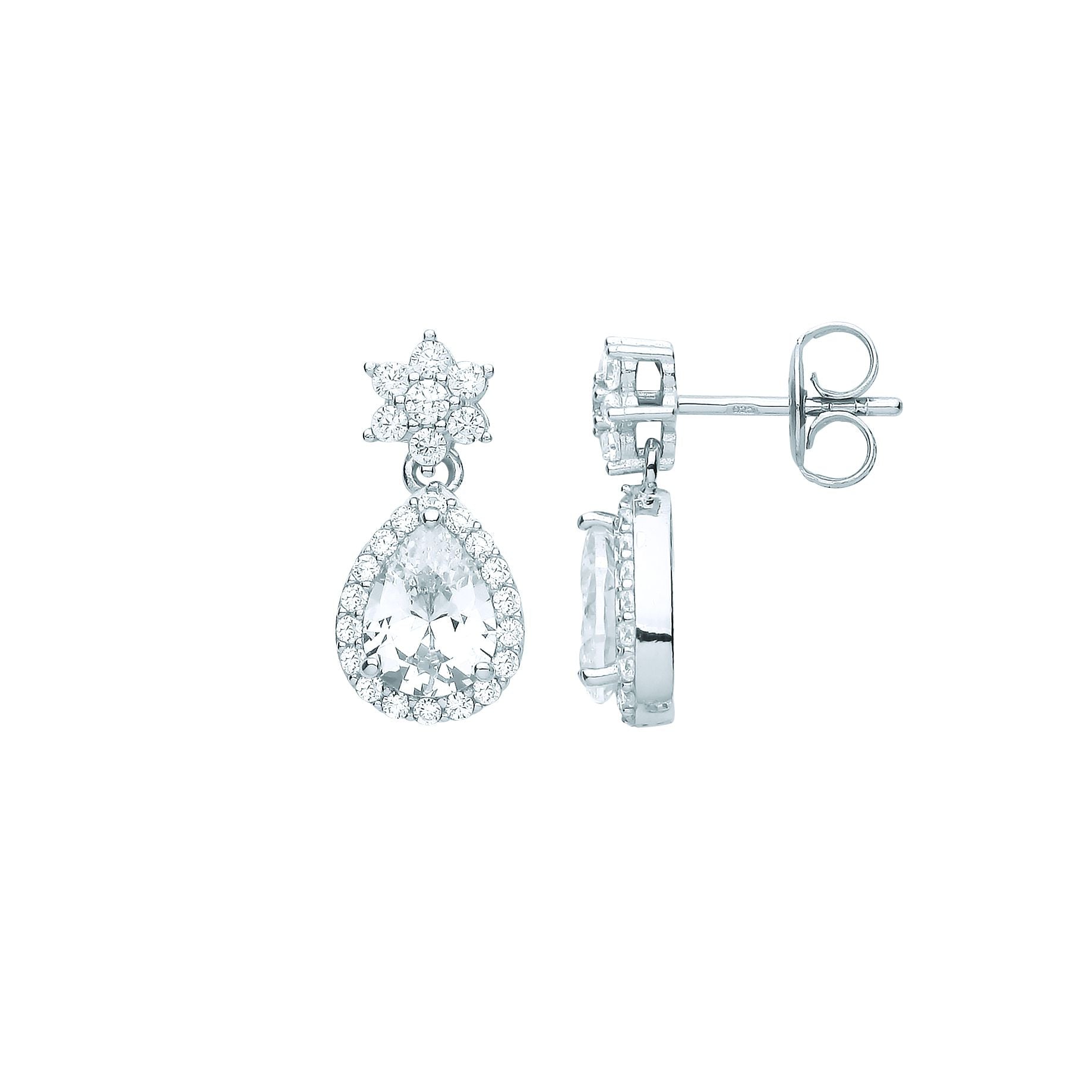 Sterling Silver  Pear CZ Star Raindrop Cluster Halo Drop Earrings - EAG1062