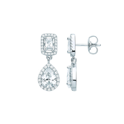 925 Silver  Pear Radiant CZ Raindrop Double Halo Drop Earrings - EAG1063
