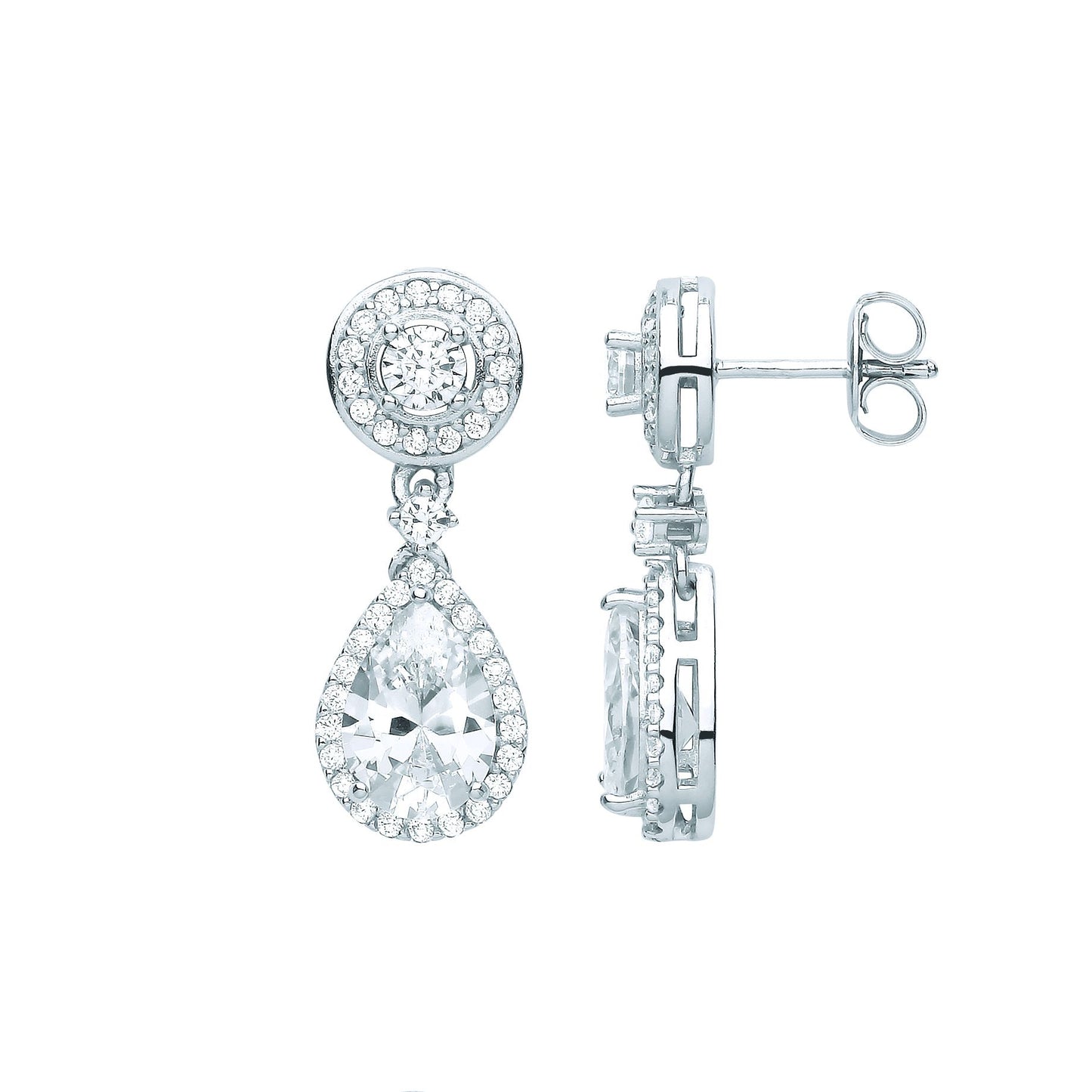 Sterling Silver  Pear CZ Raindrop Double Bezel Halo Drop Earrings - EAG1065