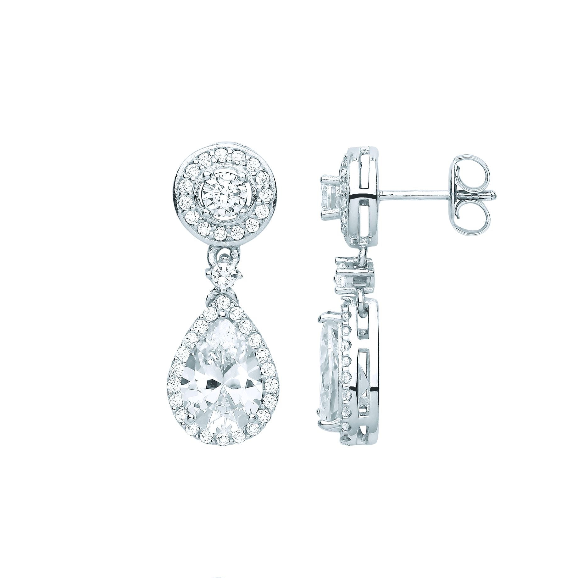 Sterling Silver  Pear CZ Raindrop Double Bezel Halo Drop Earrings - EAG1065