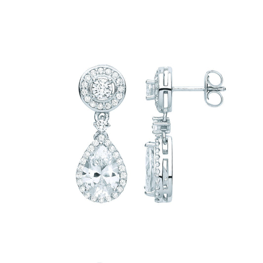 Sterling Silver  Pear CZ Raindrop Double Bezel Halo Drop Earrings - EAG1065