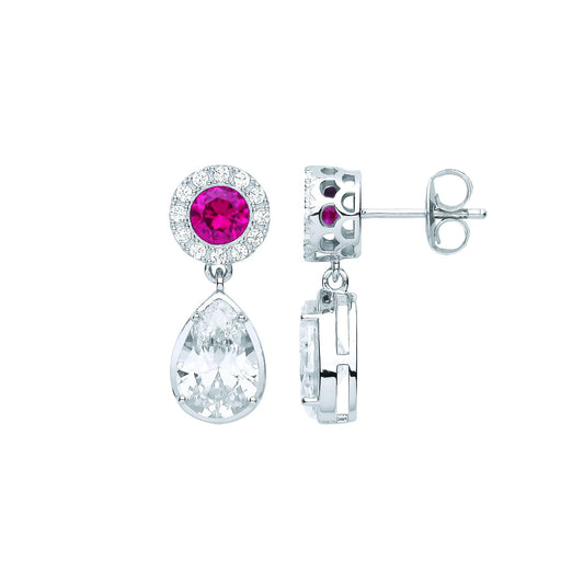 Silver  Red Pear CZ Raindrop Halo Cluster Solitaire Drop Earrings - EAG1069