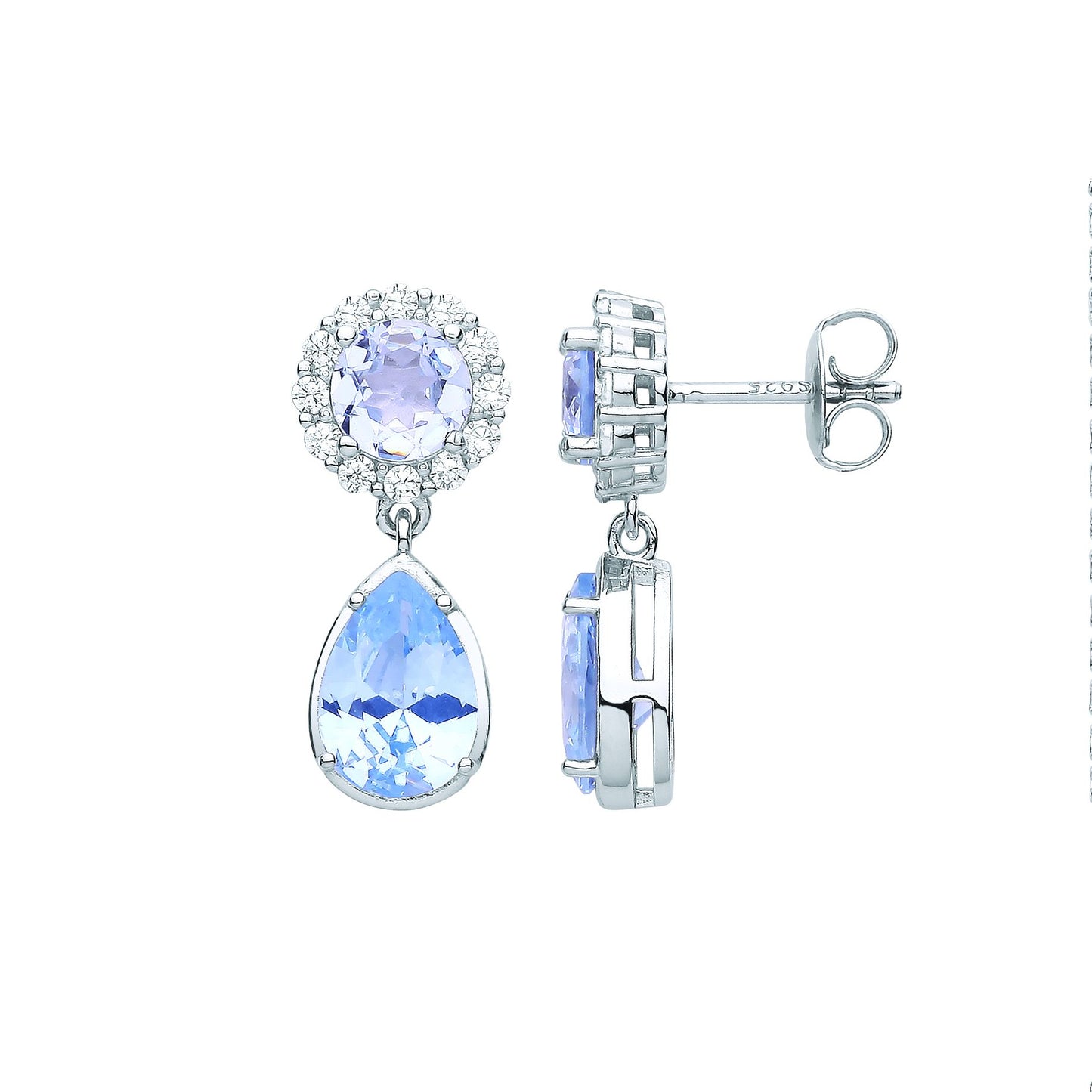 Silver  Blue Pear CZ Raindrop Halo Cluster Solitaire Drop Earrings - EAG1070