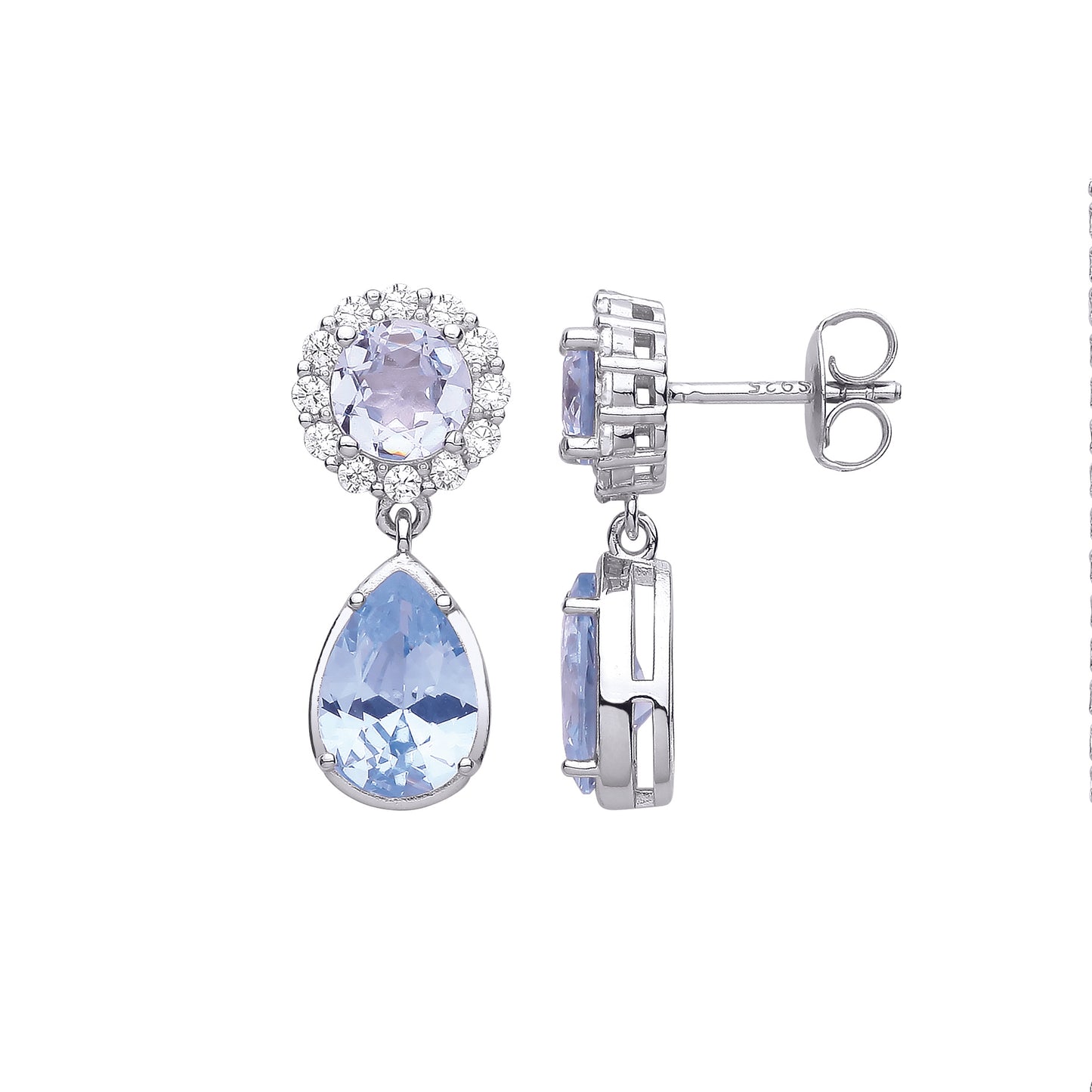 Silver  Blue Pear CZ Raindrop Halo Cluster Solitaire Drop Earrings - EAG1070