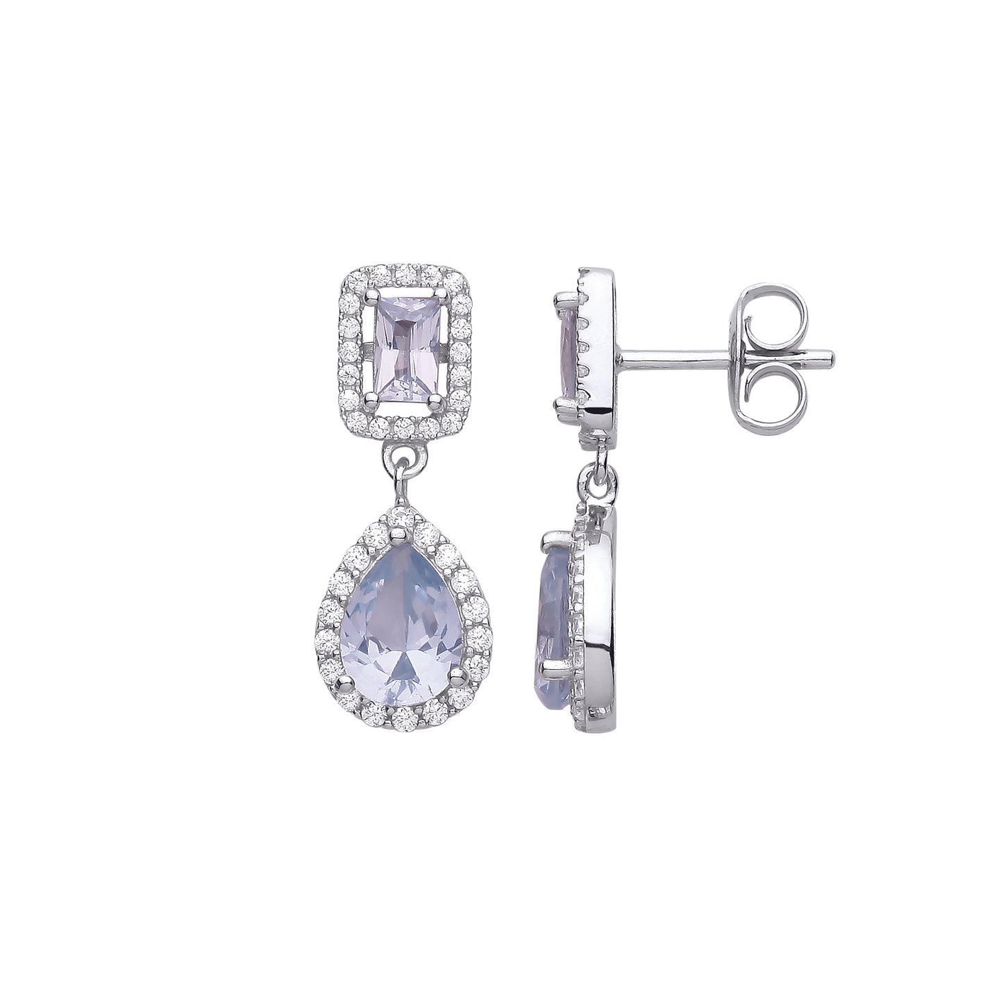 Silver  Lilac Pear Emerald CZ Raindrop Double Halo Drop Earrings - EAG1072