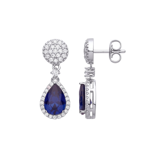 Silver  Blue Pear CZ Pave Cushion Raindrop Halo Drop Earrings - EAG1073