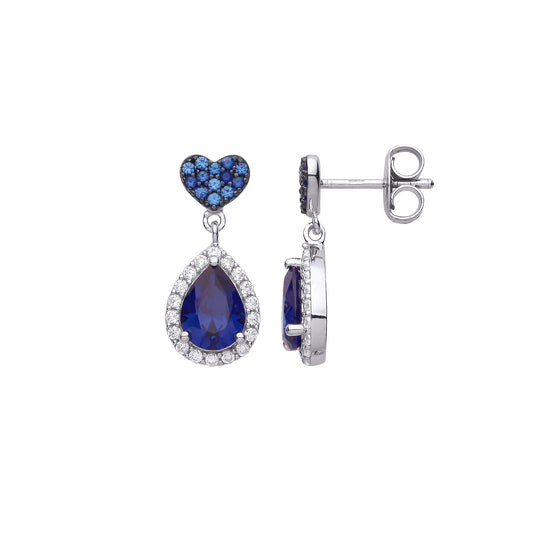 Silver  Blue Pear CZ Heart Pillow Raindrop Halo Drop Earrings - EAG1074