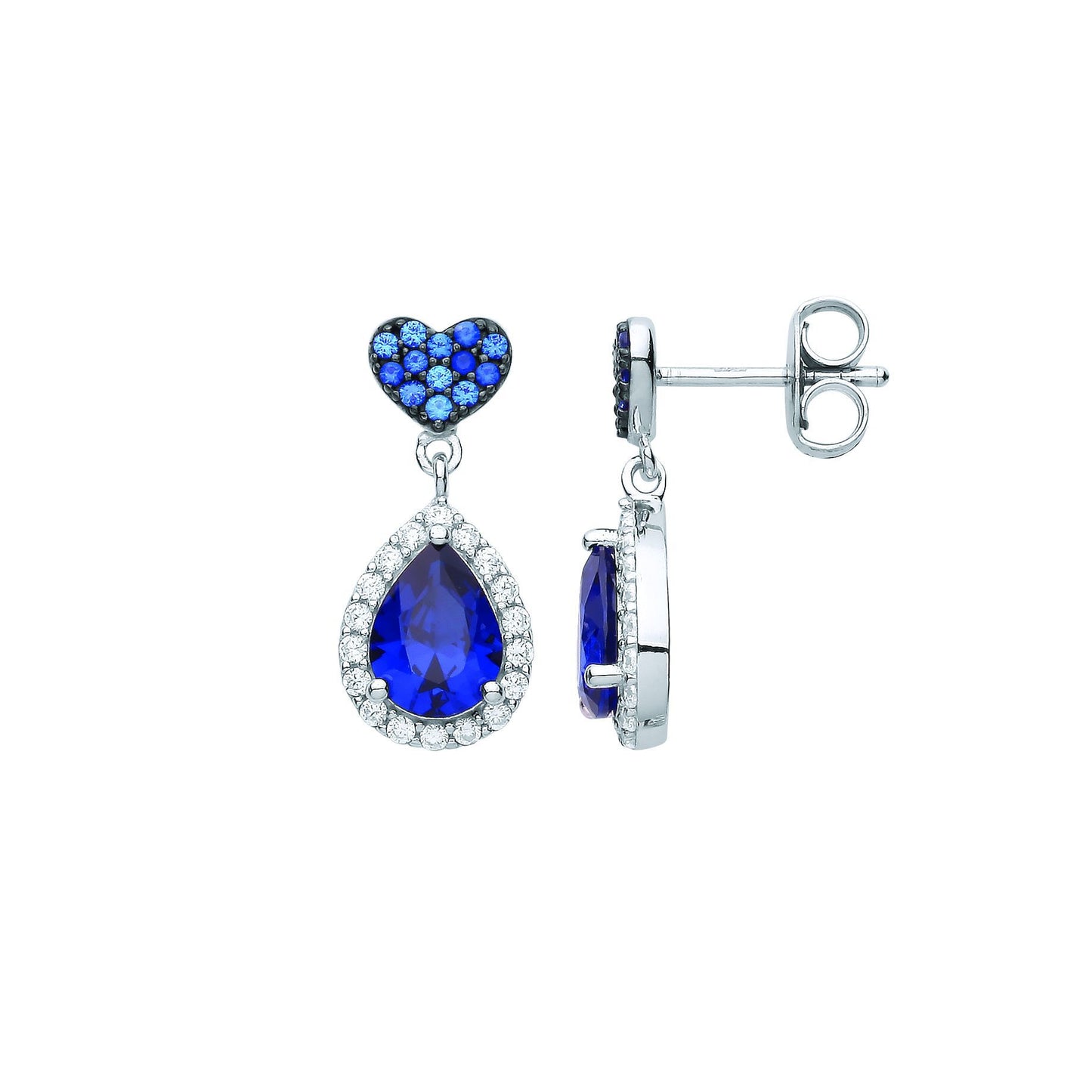 Silver  Blue Pear CZ Heart Pillow Raindrop Halo Drop Earrings - EAG1074