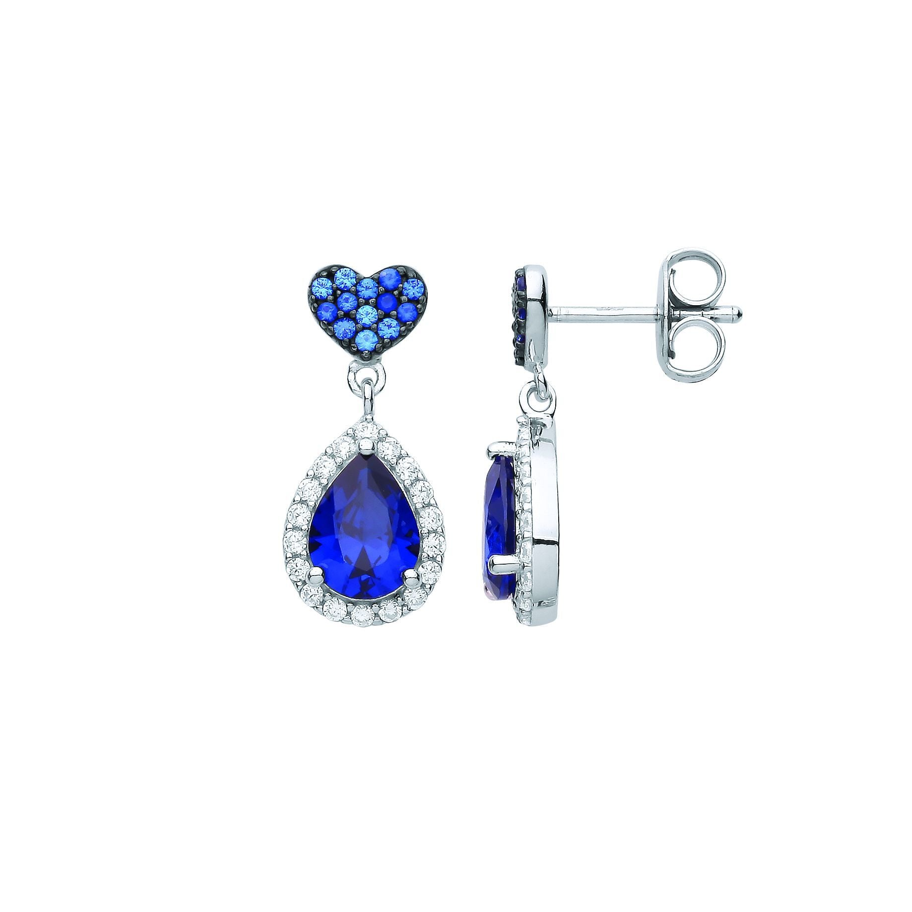 Silver  Blue Pear CZ Heart Pillow Raindrop Halo Drop Earrings - EAG1074