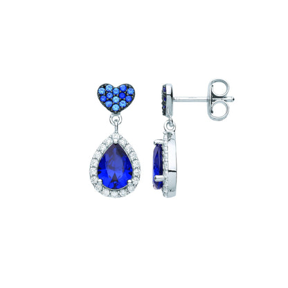 Silver  Blue Pear CZ Heart Pillow Raindrop Halo Drop Earrings - EAG1074
