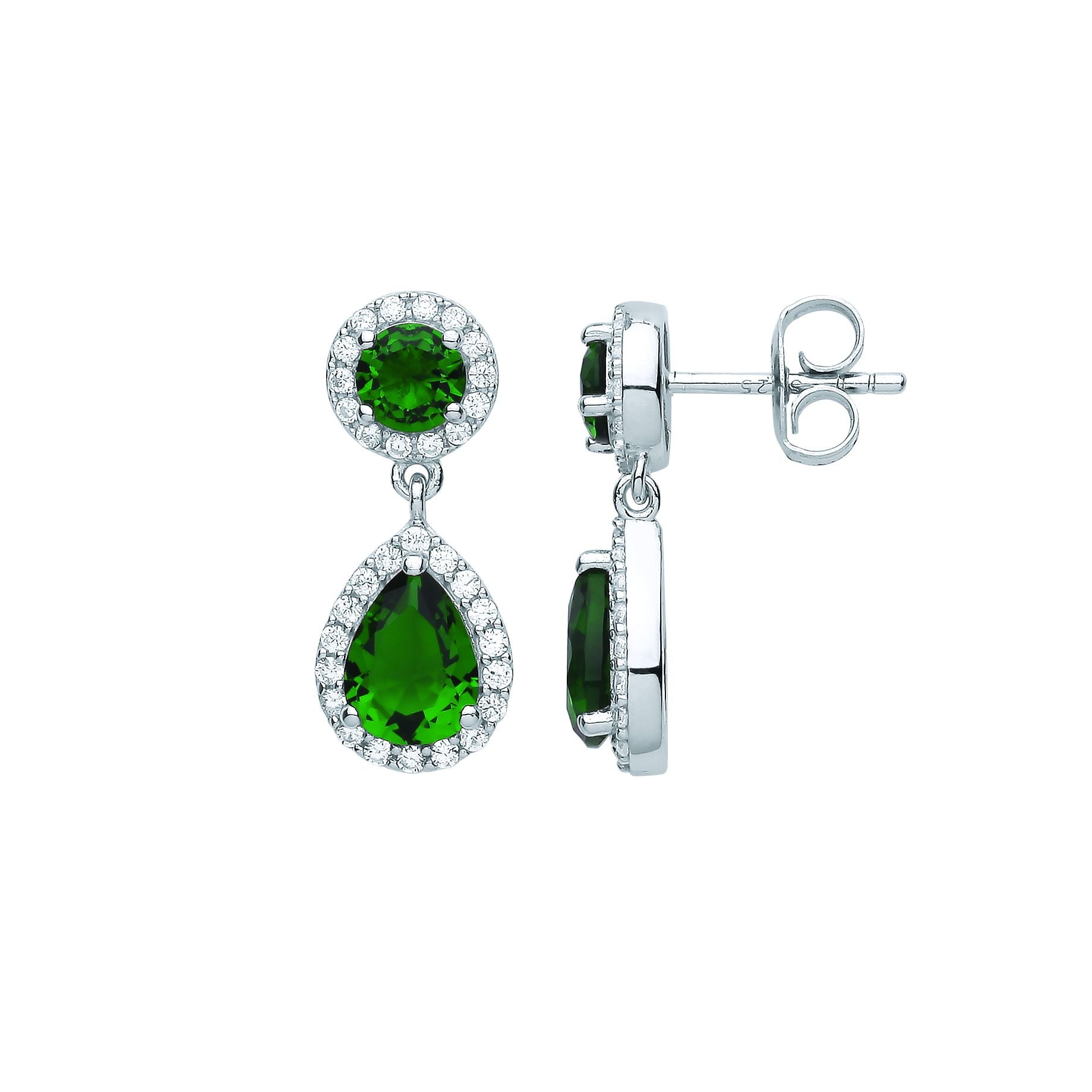 Sterling Silver  Green Pear CZ Raindrop Double Halo Drop Earrings - EAG1075