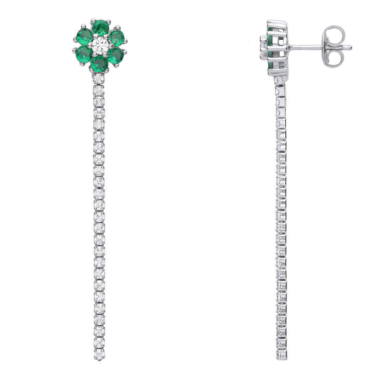 Silver  Green CZ Flower Petal Shoulder Duster Drop Earrings - EAG1078EM