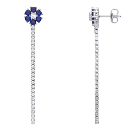 Silver  Blue CZ Flower Petal Cluster Shoulder Duster Drop Earrings - EAG1078SAP