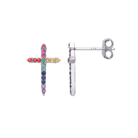 Sterling Silver  Rainbow CZ Rainbow Religious Cross Drop Earrings - EAG1081