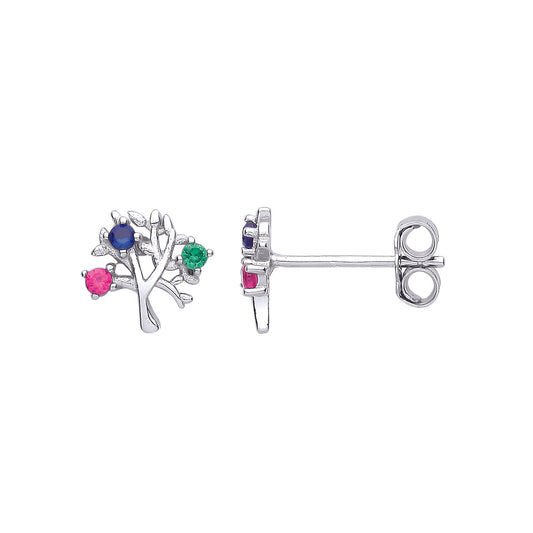 Silver  Red Green Blue CZ RGB Rainbow Tree of Life Stud Earrings - EAG1082