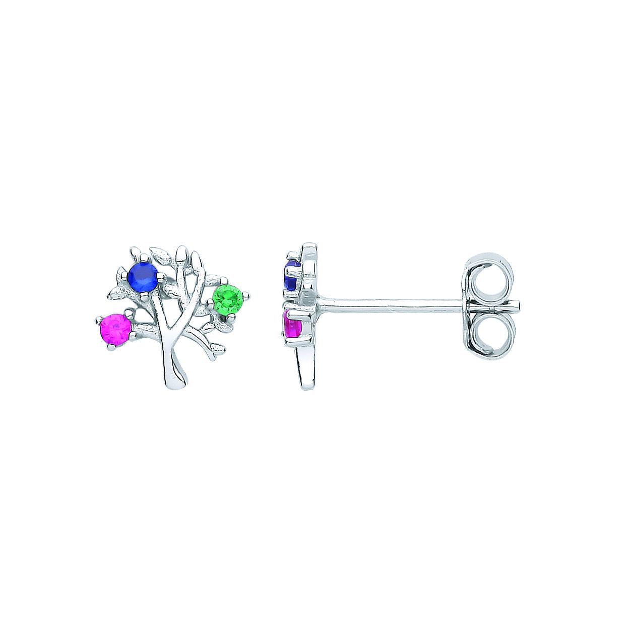 Silver  Red Green Blue CZ RGB Rainbow Tree of Life Stud Earrings - EAG1082