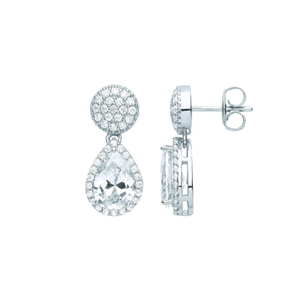 Silver  Pear CZ Pave Pillow Cluster Raindrop Halo Drop Earrings - EAG1087