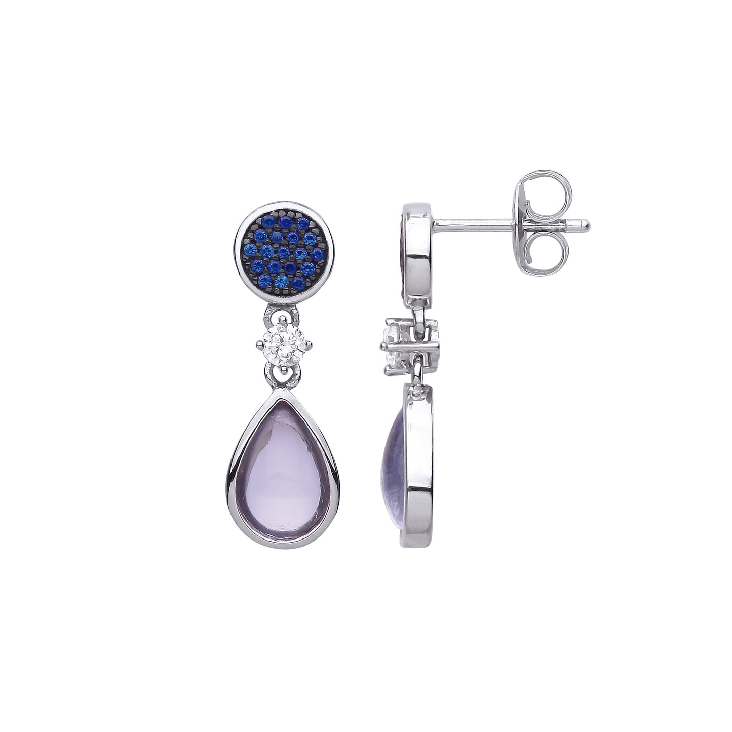 Silver  Lilac Blue Pear CZ Icy Raindrop Pave Disc Drop Earrings - EAG1088